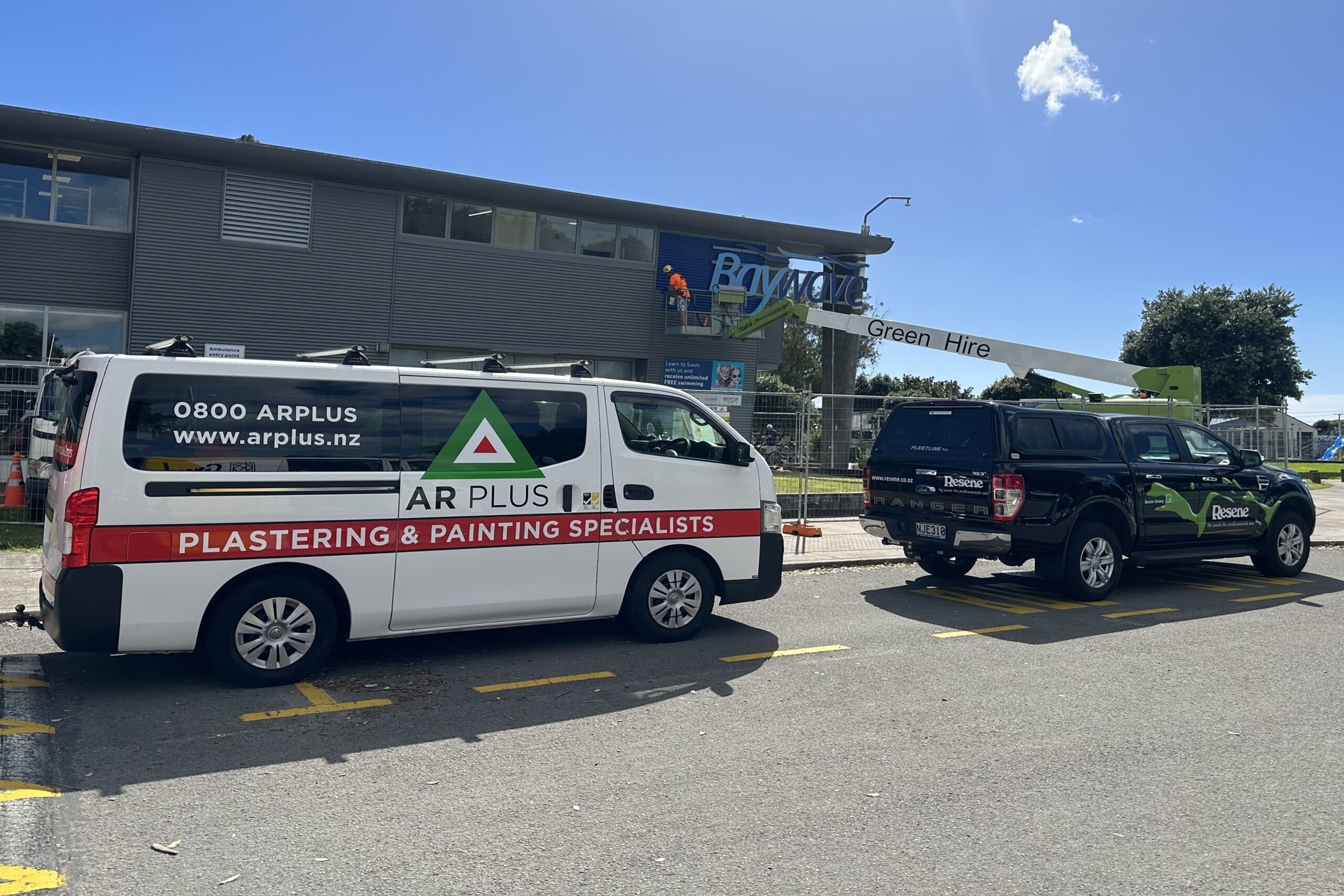 AR Plus plastering and painting vehicle parked outside Baywave, Tauranga