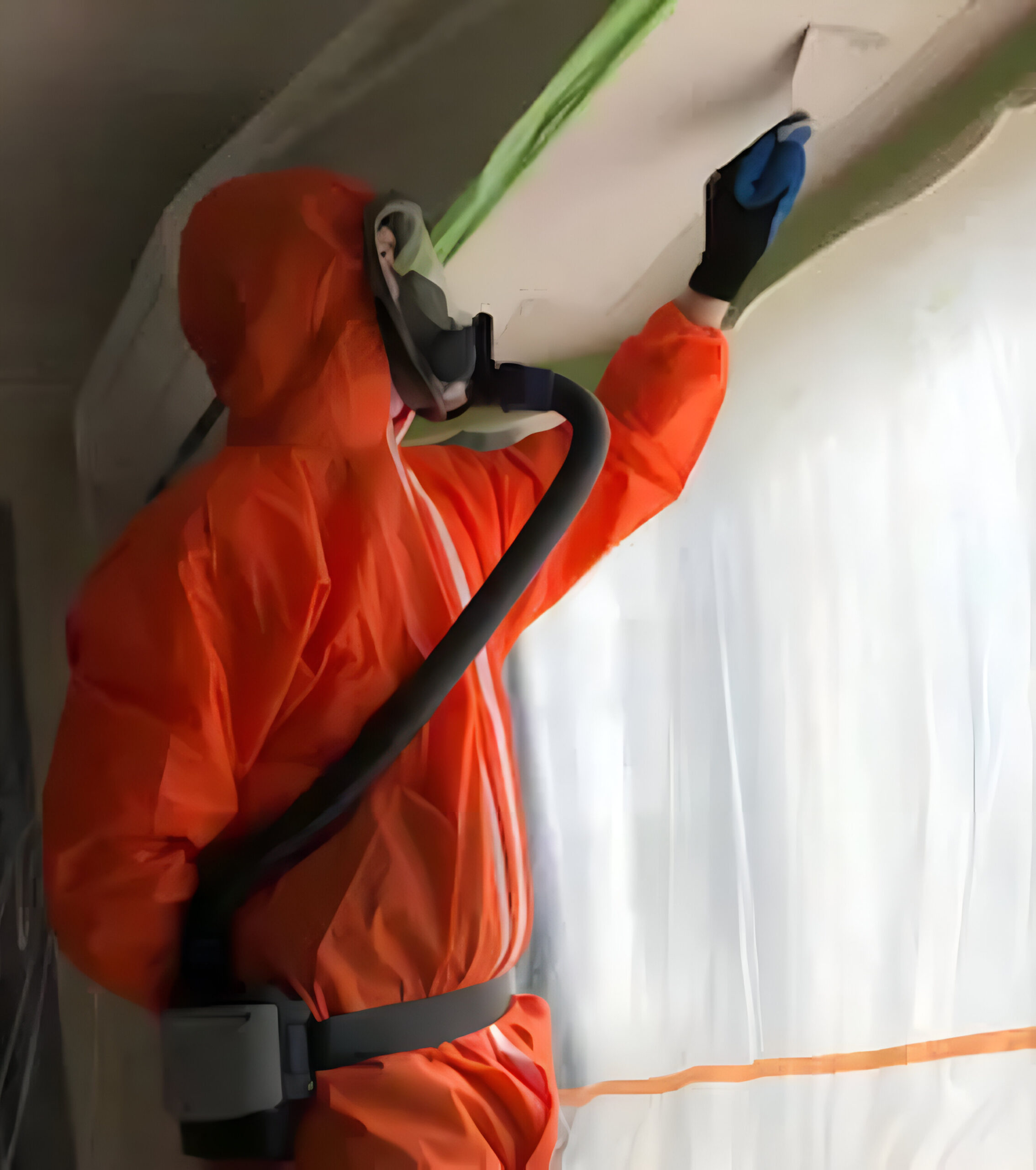 A man wearing a protective orange suit plastering the inside of a building.